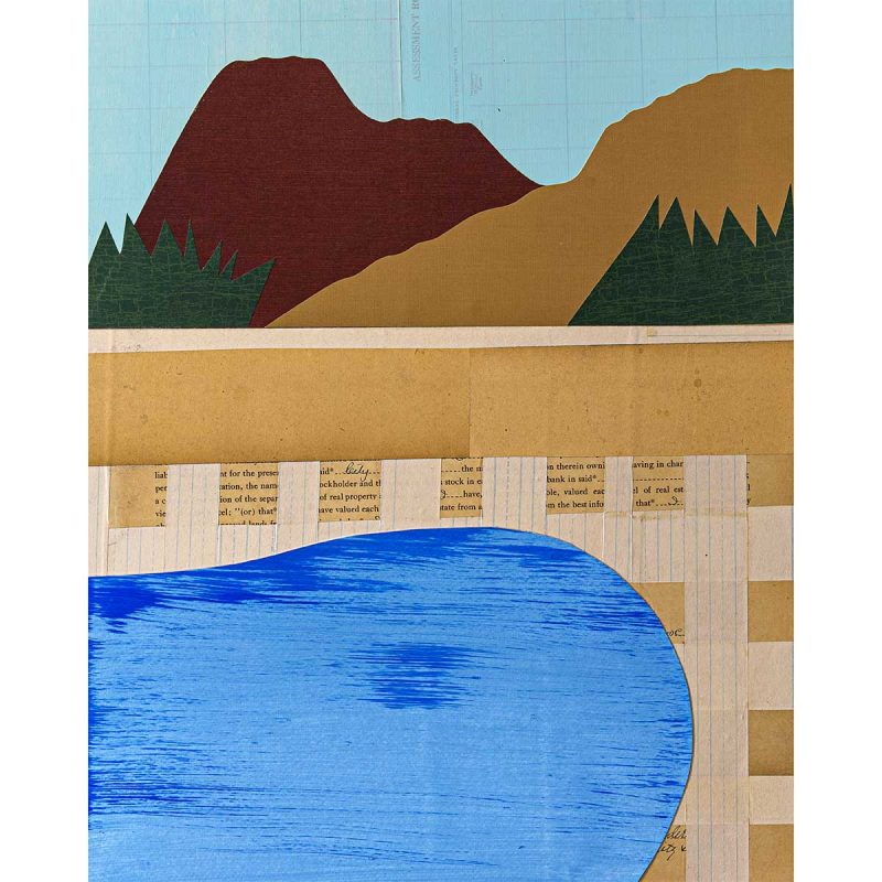 a collage of a pool with mountains in the distance
