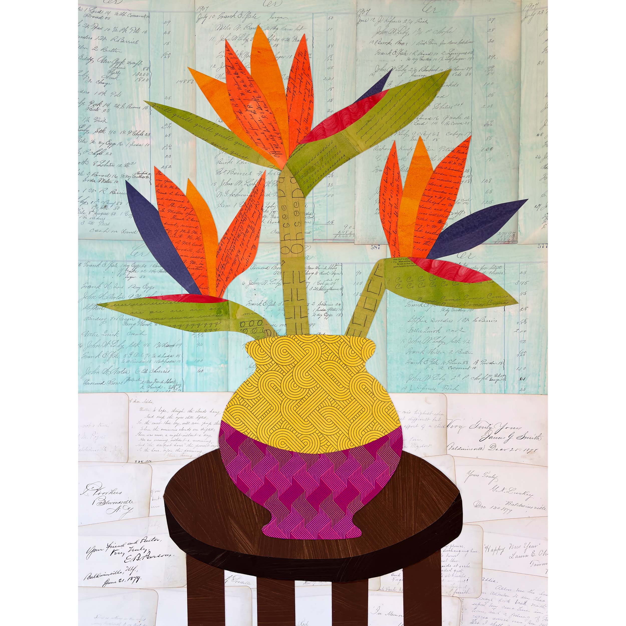 A collage by Emily Krill of a vase of Birds of Paradise Flowers