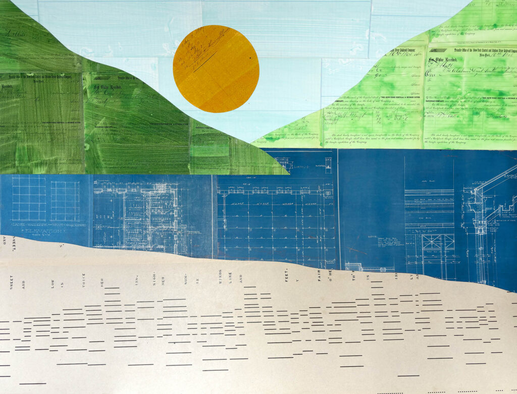 An antique paper collage called Player Piano Beach by Emily Krill