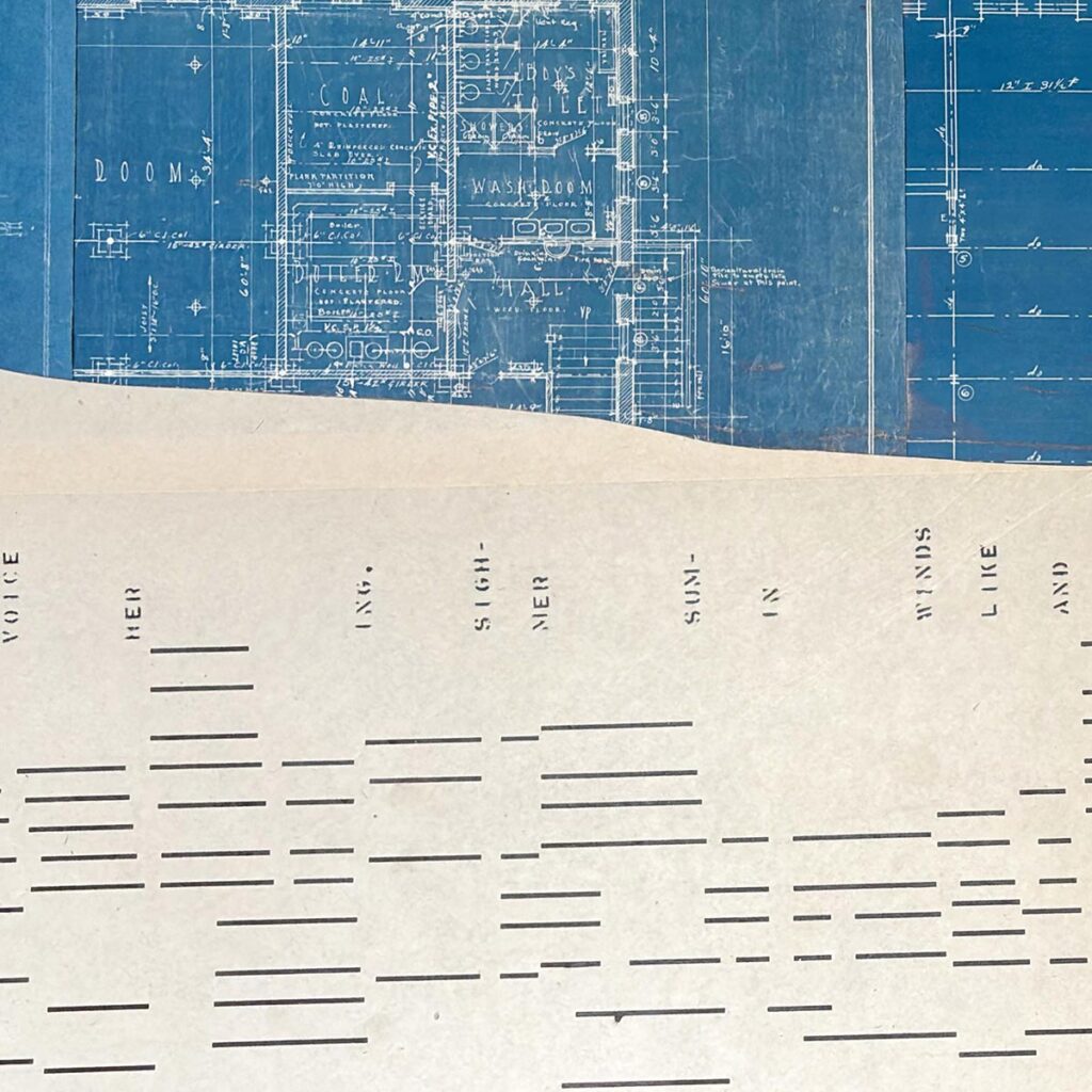 detail of an antique paper collage called Player Piano Beach by Emily Krill