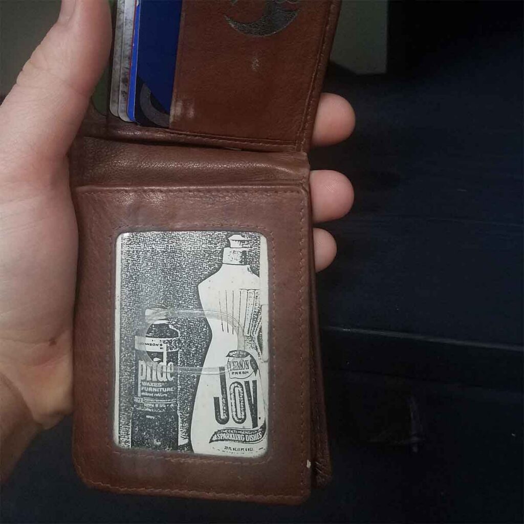 The 1980s gag of "My Pride and Joy" picture stored in a wallet