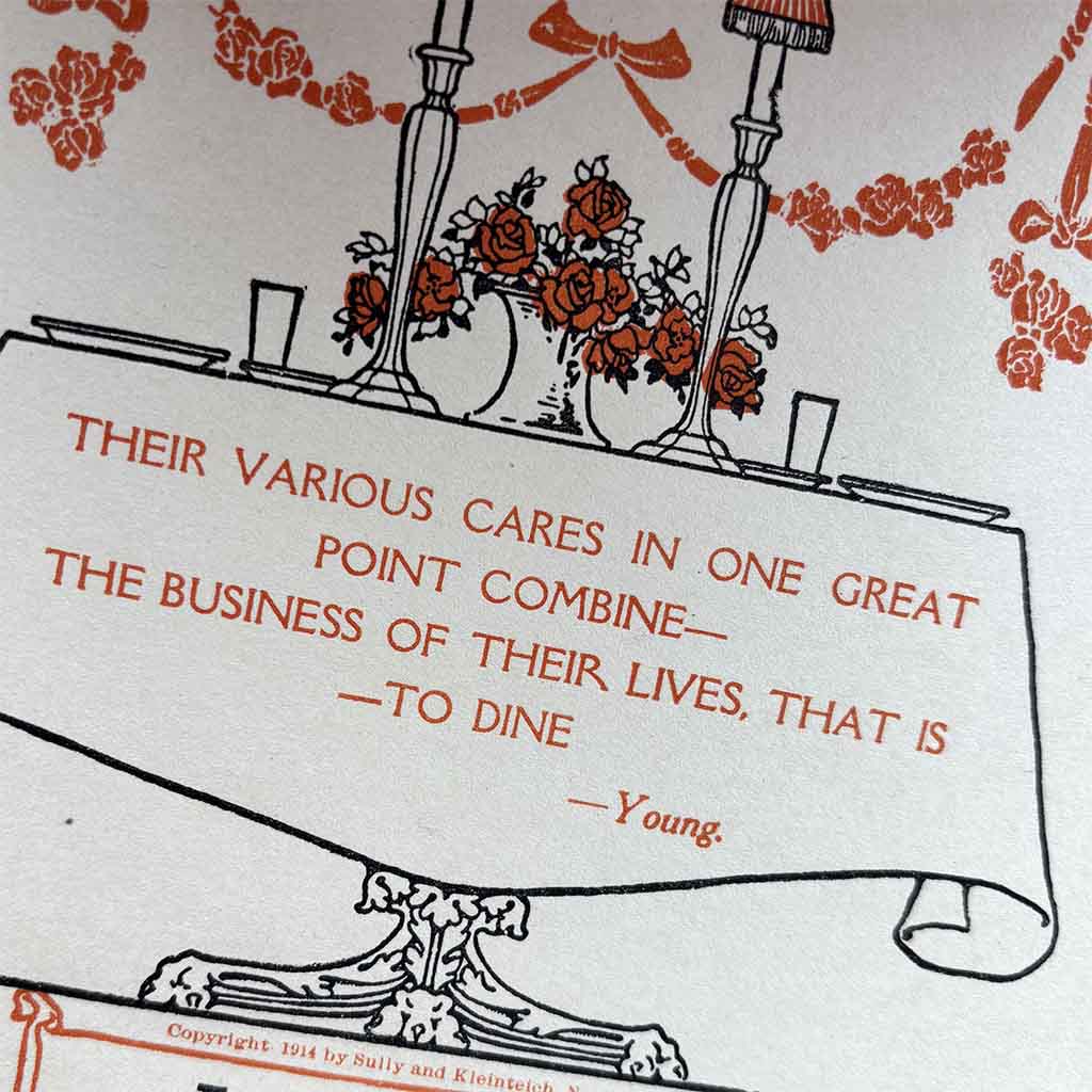 a close up of a a 1916 Fannie Farmer Dinner Calendar