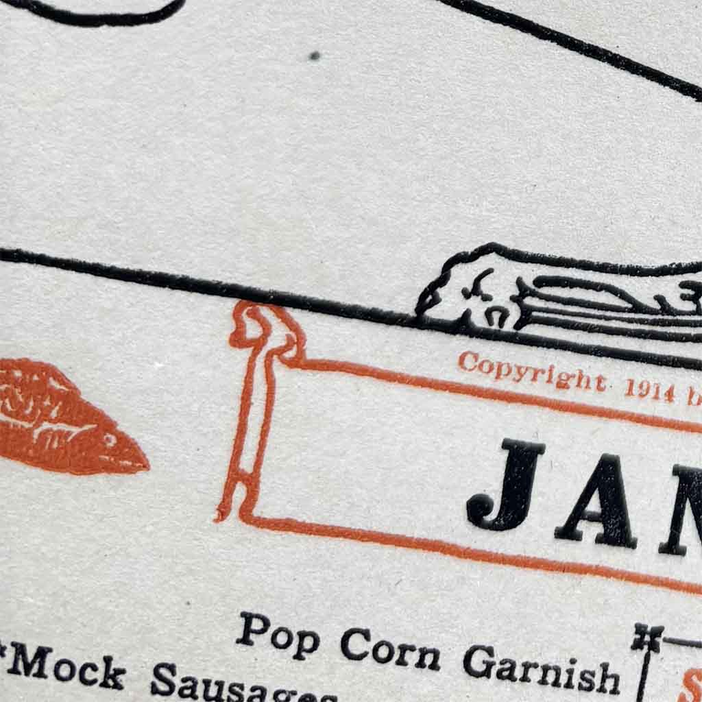 a close up of a a 1916 Fannie Farmer Dinner Calendar