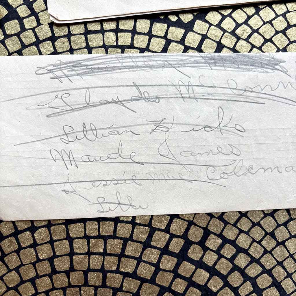 a list of handwritten crossed out names