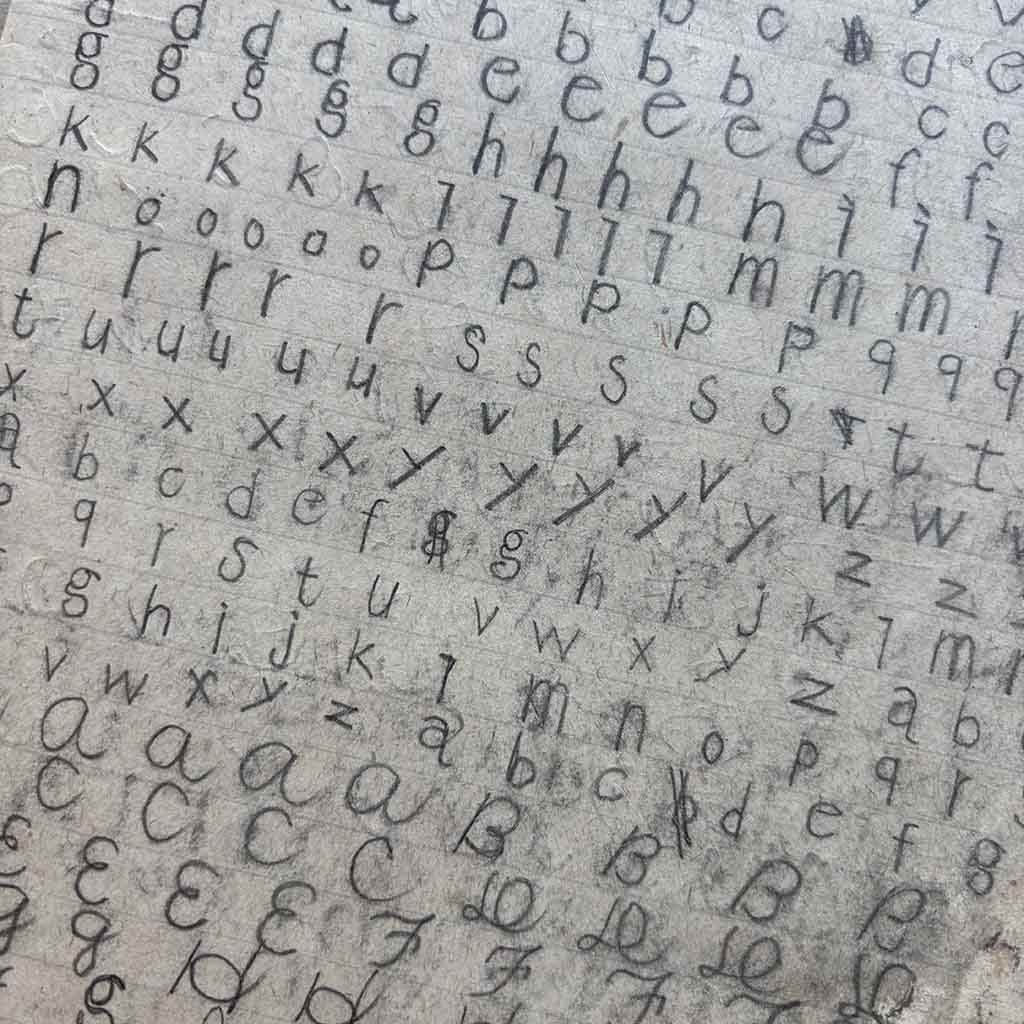 detail of a mid-20th century English translation notebook owned by a Japanese boy,