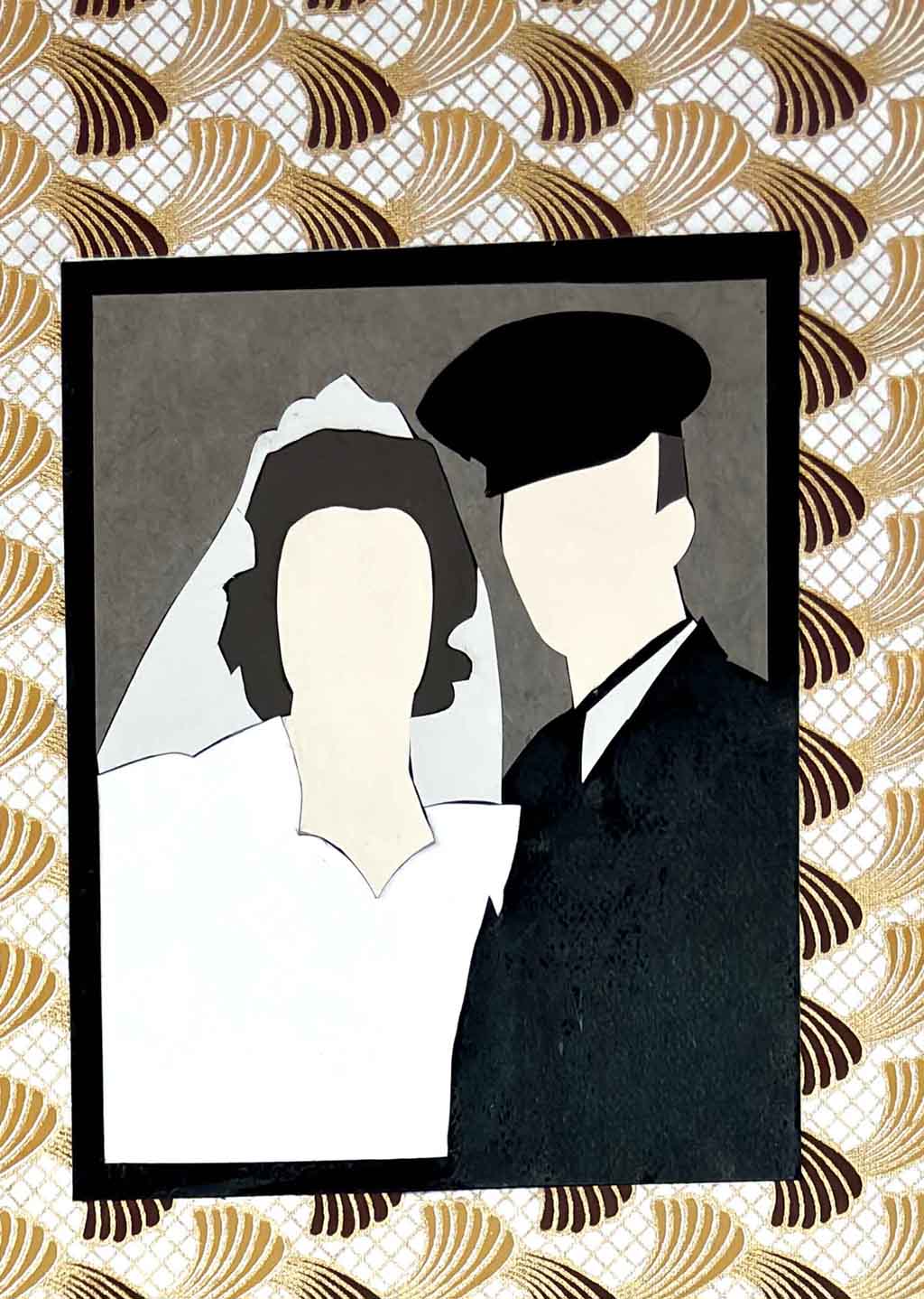 a detail of a WWII couple from Emily Krill's collage Wartime Recipes