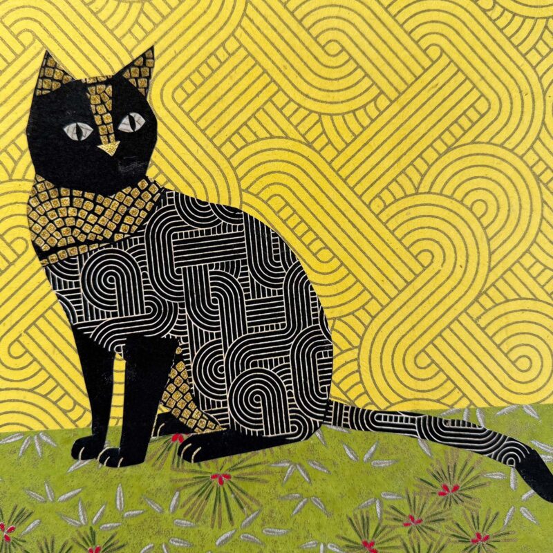 Stylized black cat on yellow background