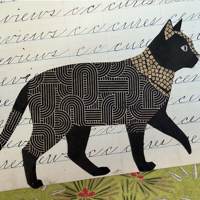 Cat silhouette with intricate patterns, collage art by Emily Krill