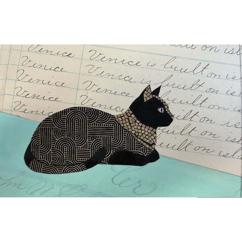 Black cat on vintage paper background, collage art by Emily Krill