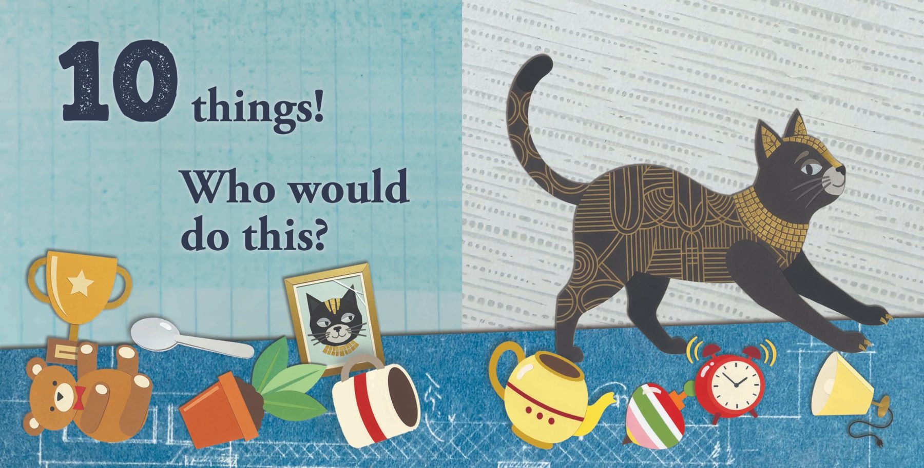 10 things! Who would do this? The cat stretches over the whole pile.